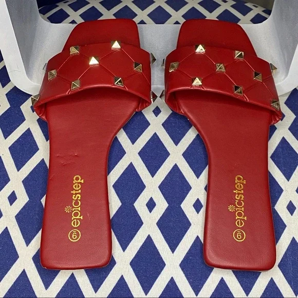 Red and gold studded flat studded slide sandals - Picture 5 of 5